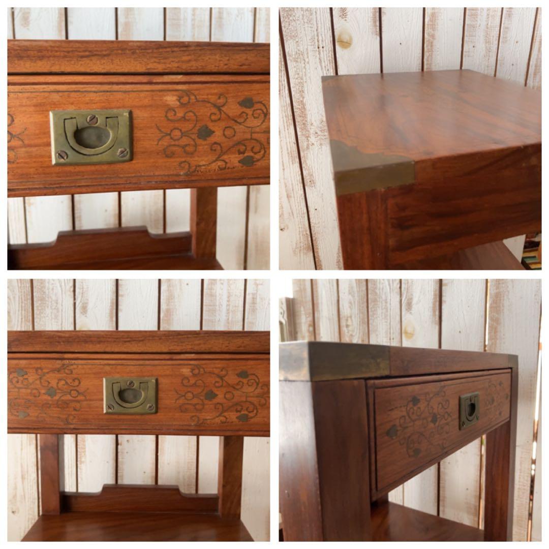 ヴィンテージ　真鍮金具　装飾　木製ラック 3段 引き出し付き ブラウン