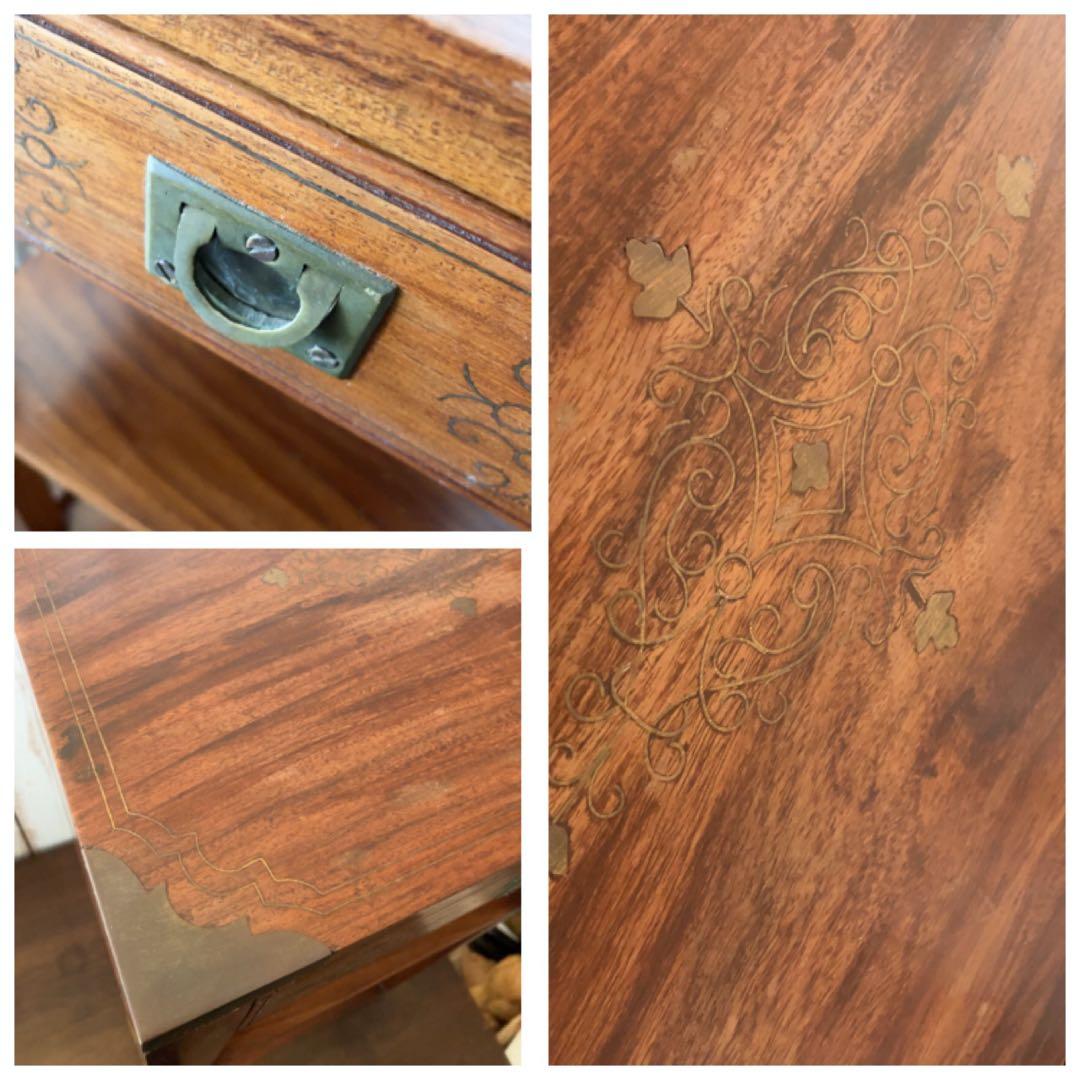 ヴィンテージ　真鍮金具　装飾　木製ラック 3段 引き出し付き ブラウン