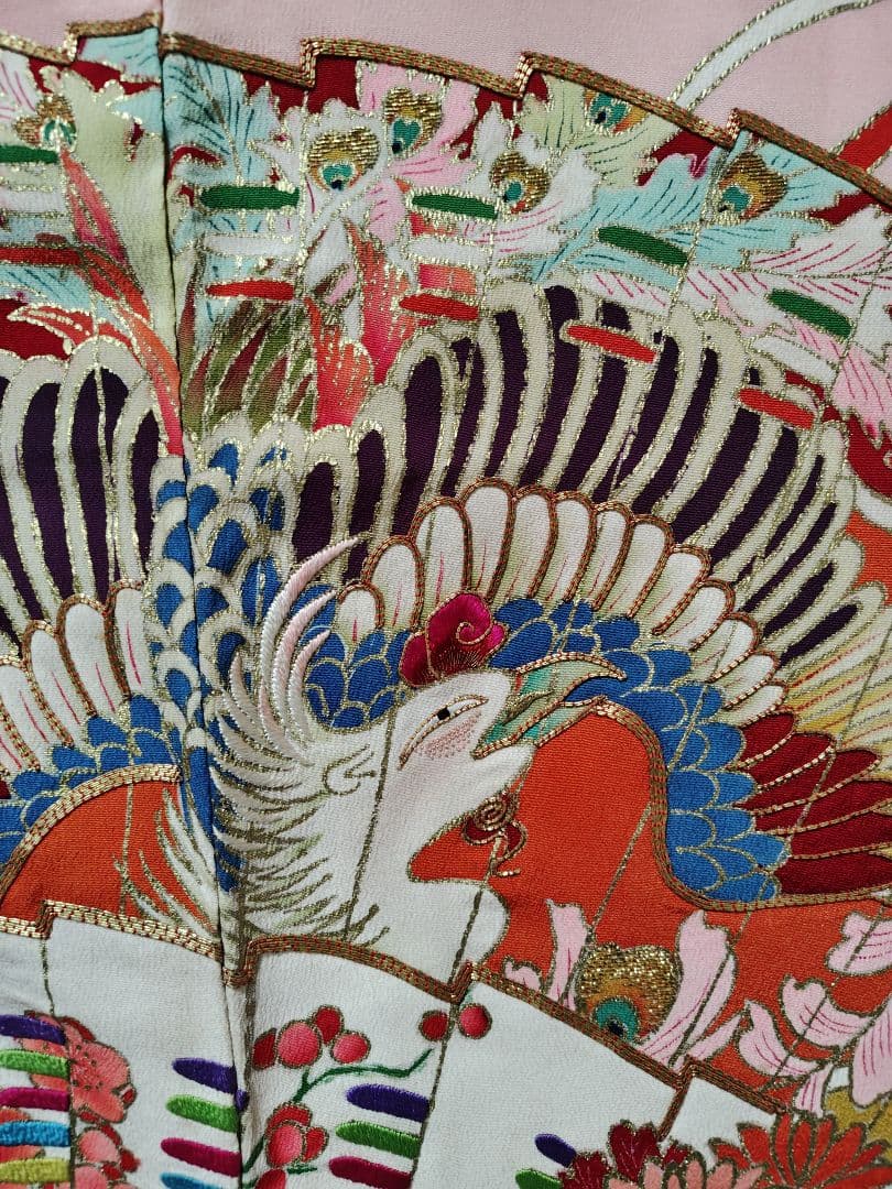 アンティーク振袖 ピンク 状態悪い 金駒刺繍　鳳凰 伝統柄振袖　牡丹刺繍　レトロ