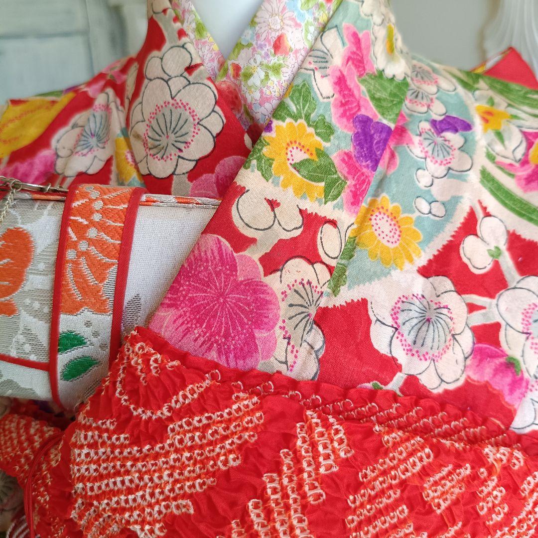 アンティークカラフル模様の着物と作り帯☆七五三セット