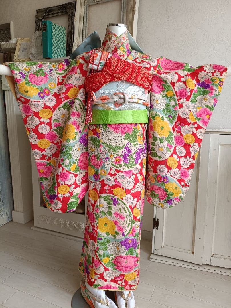 アンティークカラフル模様の着物と作り帯☆七五三セット