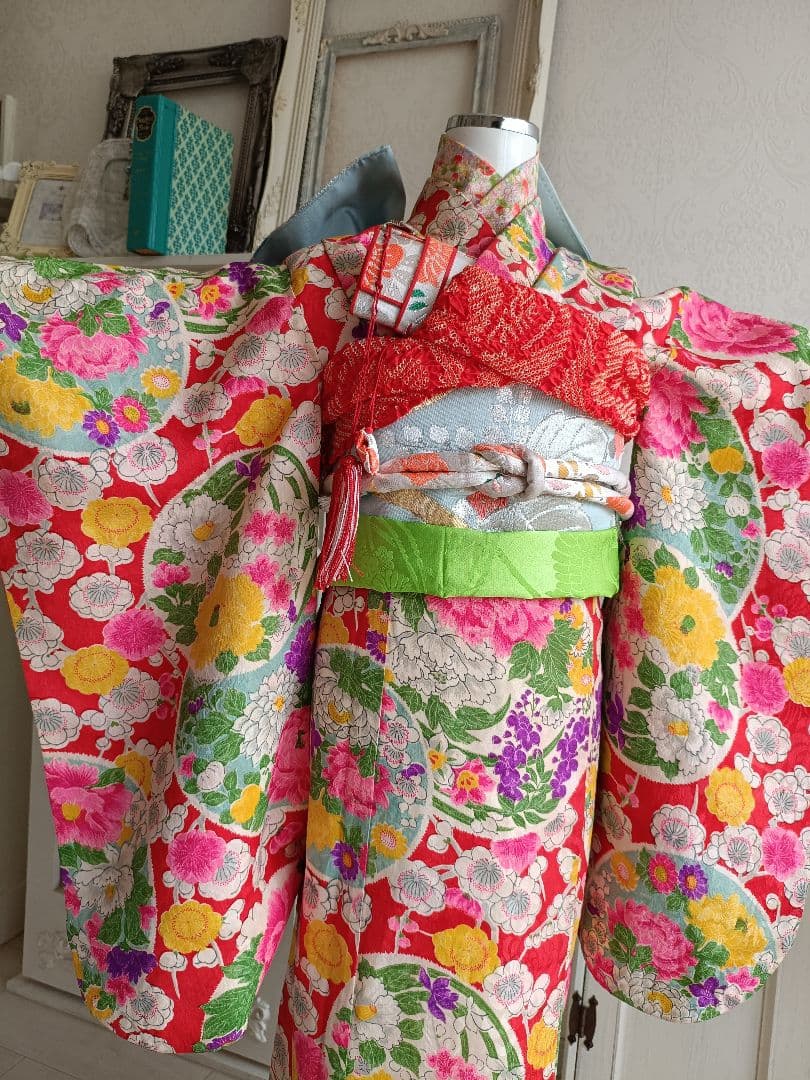 アンティークカラフル模様の着物と作り帯☆七五三セット