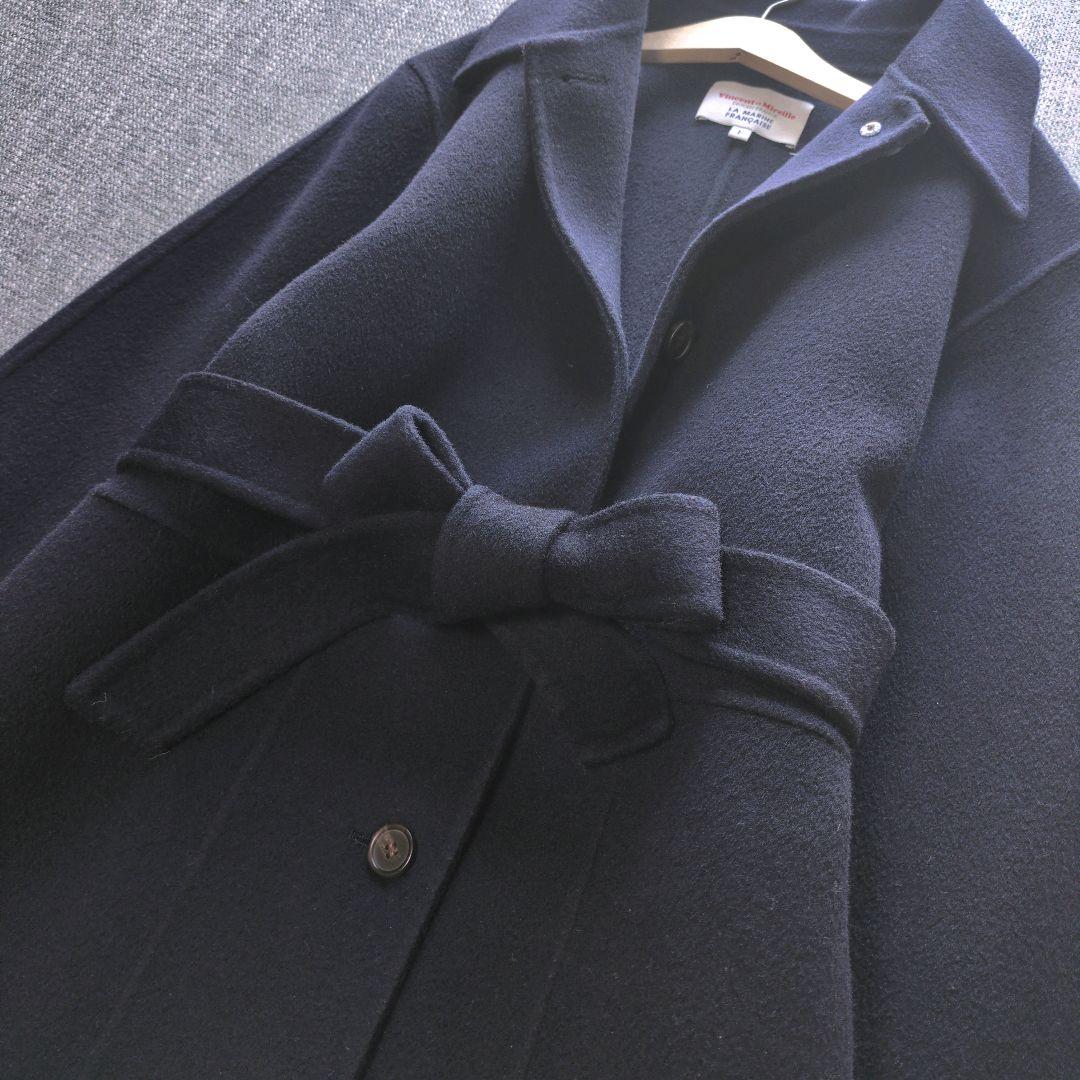 バンソンエミレイユ　ゆったり　ウールリバーコート　ベルト付　バルカラー　ネイビー