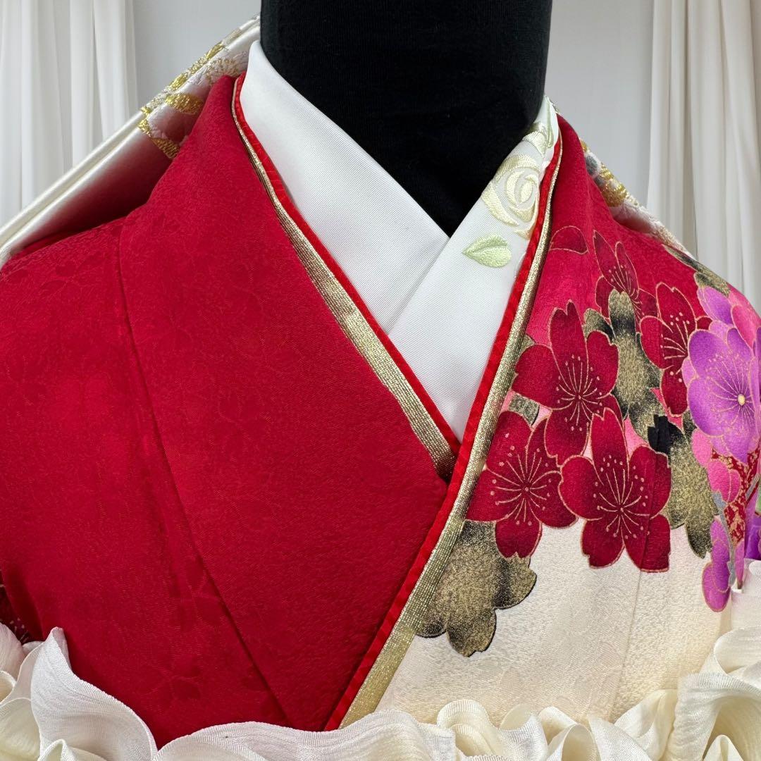 振袖8点フルセット　豪華絢爛 花丸文 桜 牡丹 刺繍 金彩　正絹　ショール付