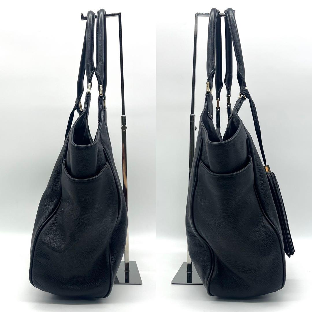 トリーバーチ トートバックハンドバッグ レザー ビッグロゴ タッセル シボ 黒