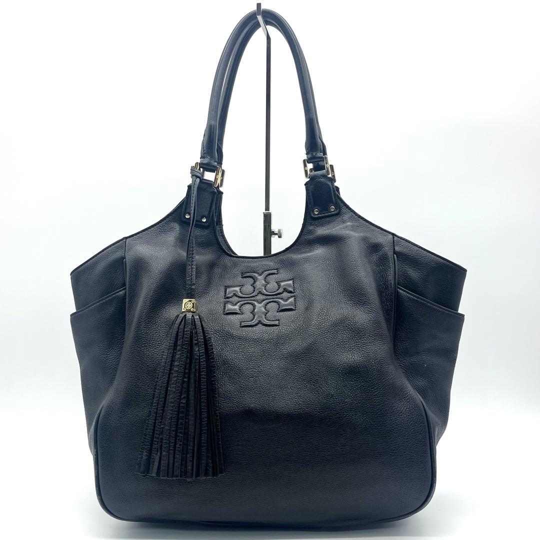トリーバーチ トートバックハンドバッグ レザー ビッグロゴ タッセル シボ 黒
