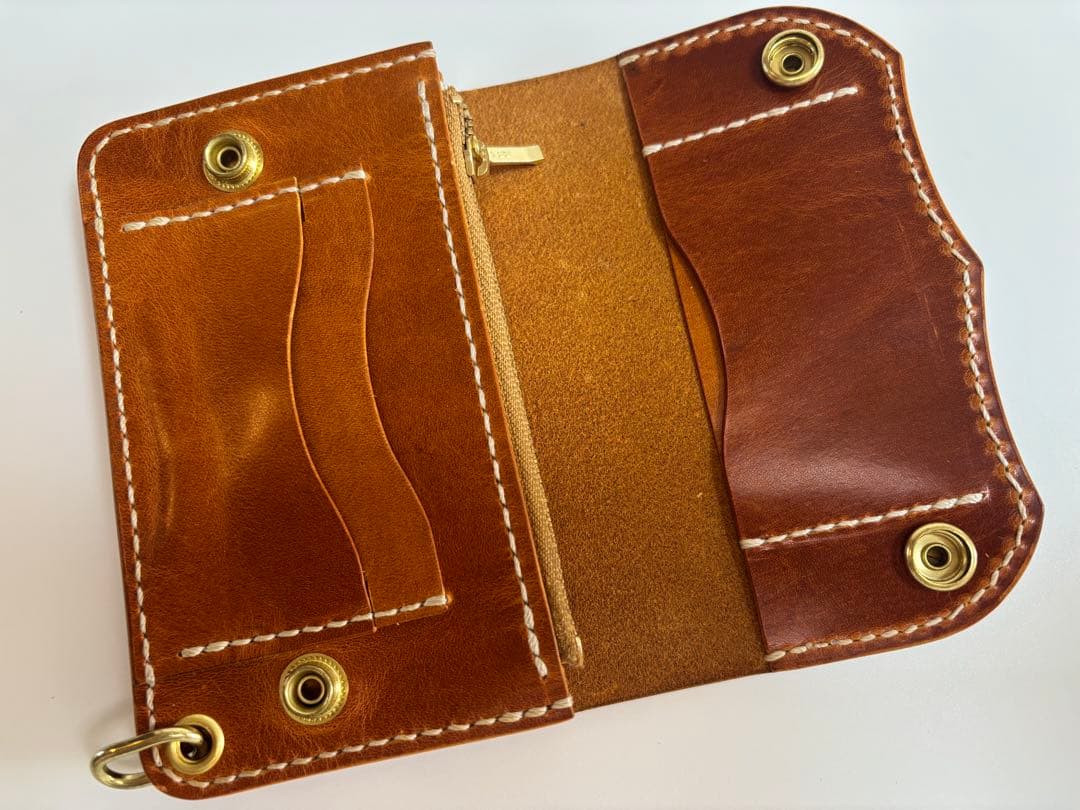 キャメル　ヌメ革　トラッカーウォレット　三層　真鍮　レザークラフト