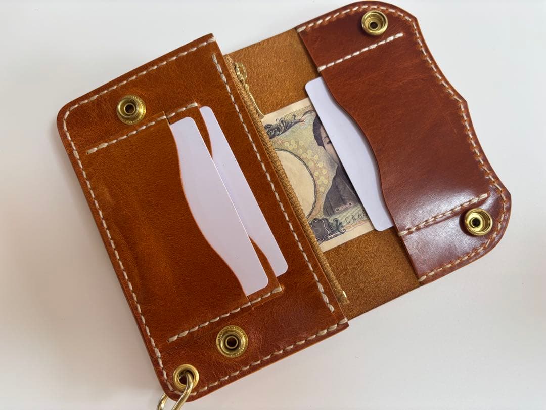 キャメル　ヌメ革　トラッカーウォレット　三層　真鍮　レザークラフト