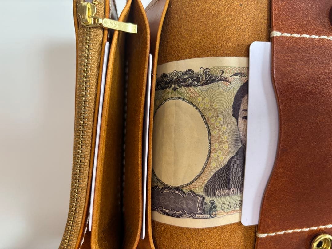 キャメル　ヌメ革　トラッカーウォレット　三層　真鍮　レザークラフト