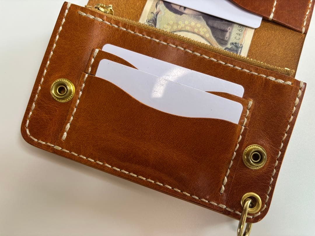 キャメル　ヌメ革　トラッカーウォレット　三層　真鍮　レザークラフト