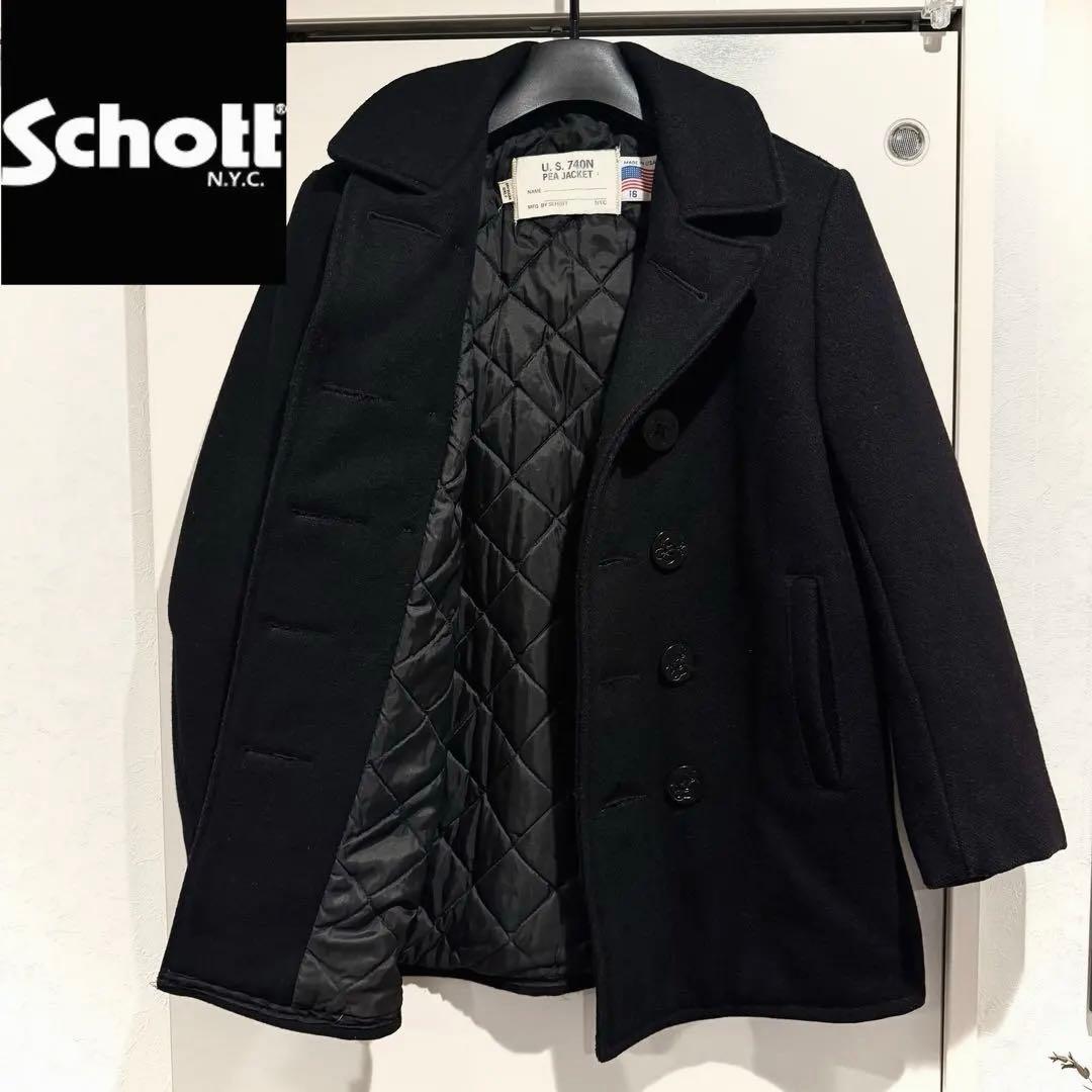 人気‼️Schott Pコートショット USA製 M 黒 ウール キルティング