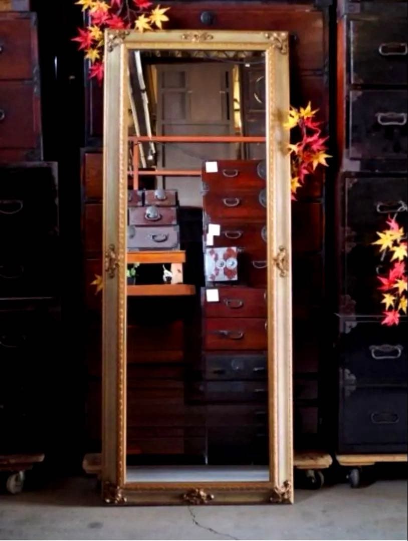 50’s-60’s 英国製ヴィンテージ 装飾的な金色のスタンドミラー UK 姿鏡