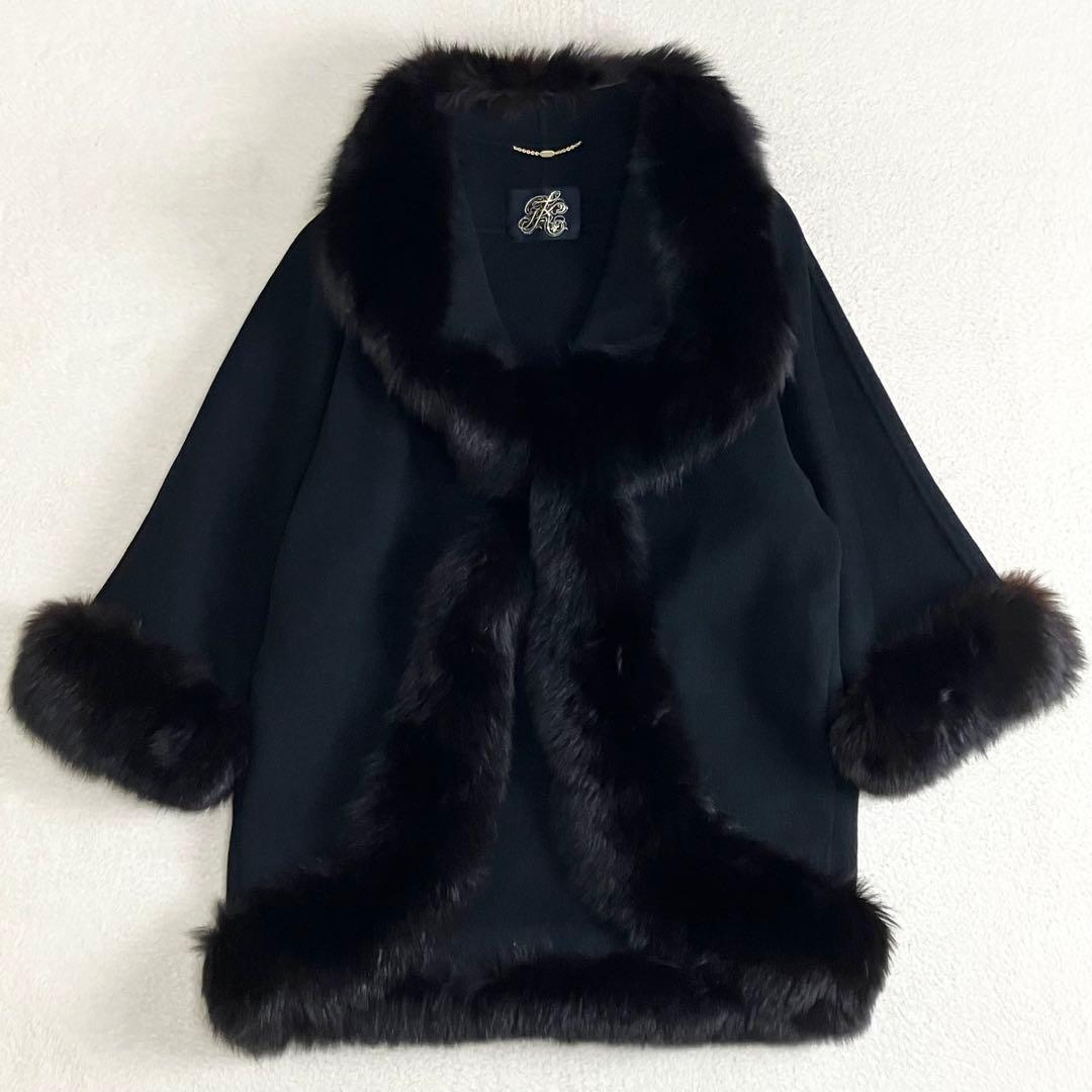 伊太利屋　イタリヤ ファーウールコート　毛皮 ブラック　大きめサイズ11 黒