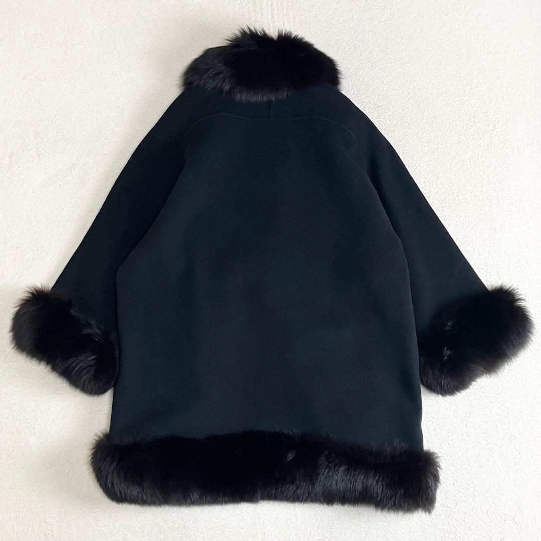 伊太利屋　イタリヤ ファーウールコート　毛皮 ブラック　大きめサイズ11 黒