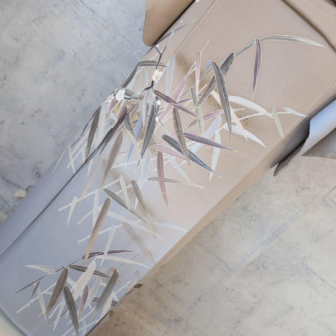 訪問着　フルセット　着物　正絹　笹　友禅　淡いベージュブラウン　金彩加工　O7