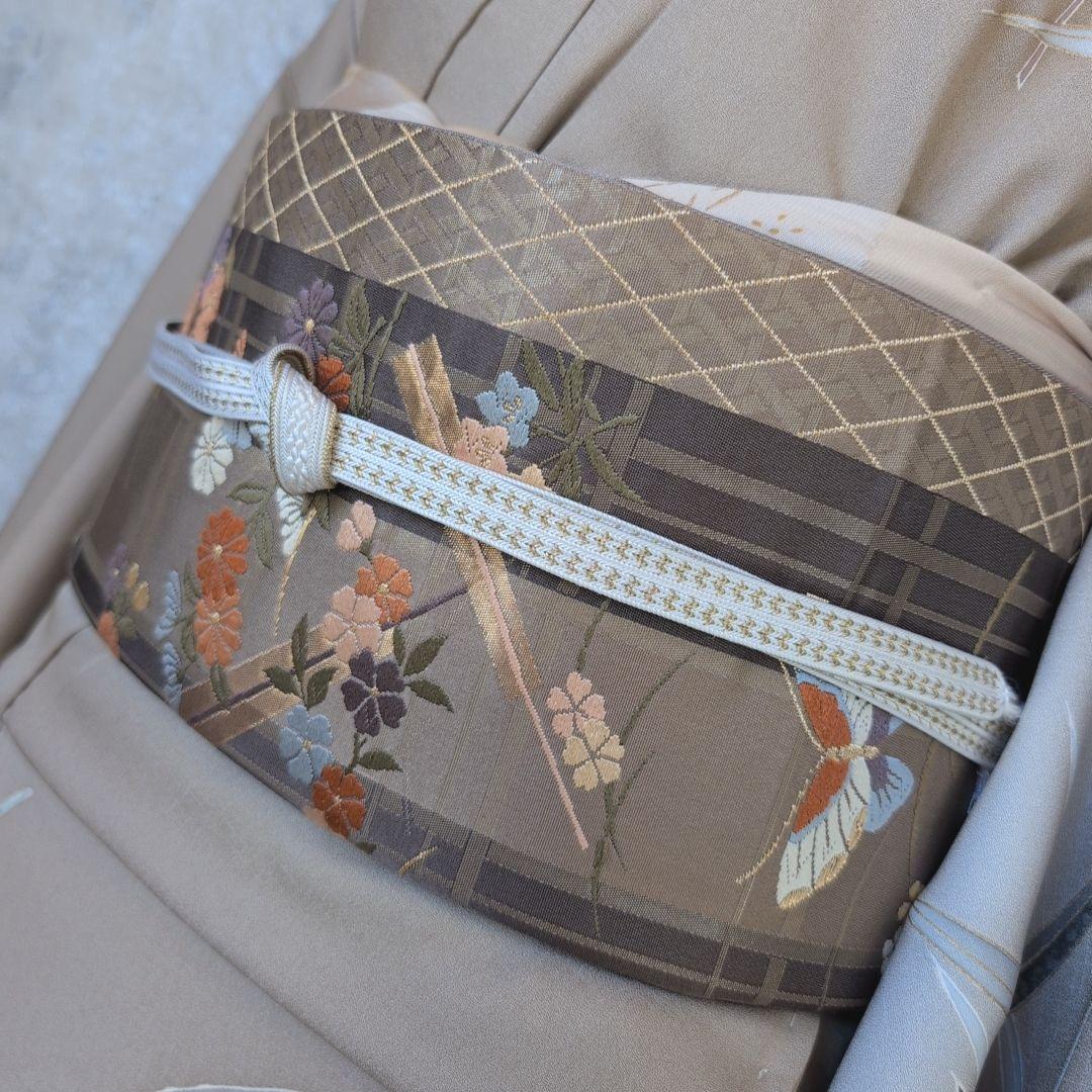 訪問着　フルセット　着物　正絹　笹　友禅　淡いベージュブラウン　金彩加工　O7