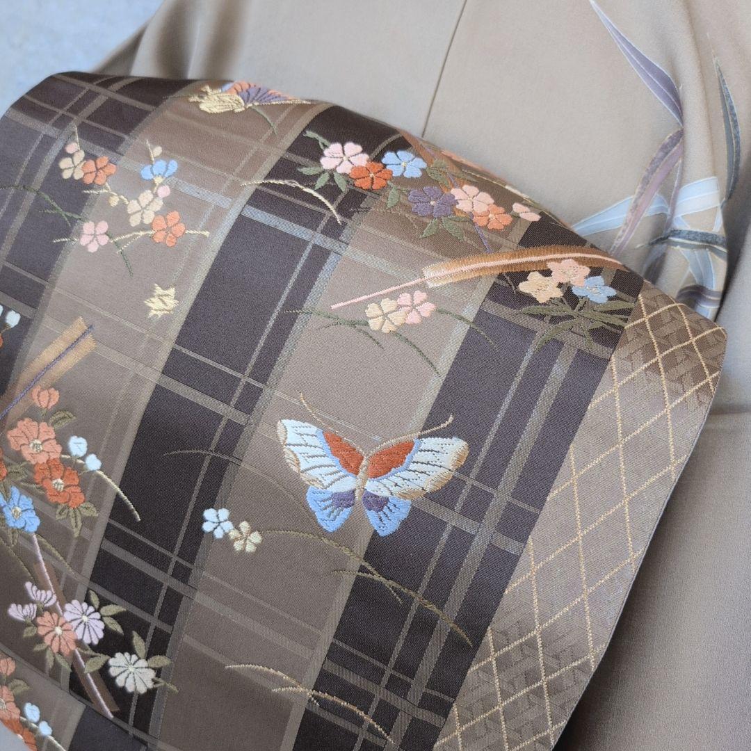 訪問着　フルセット　着物　正絹　笹　友禅　淡いベージュブラウン　金彩加工　O7