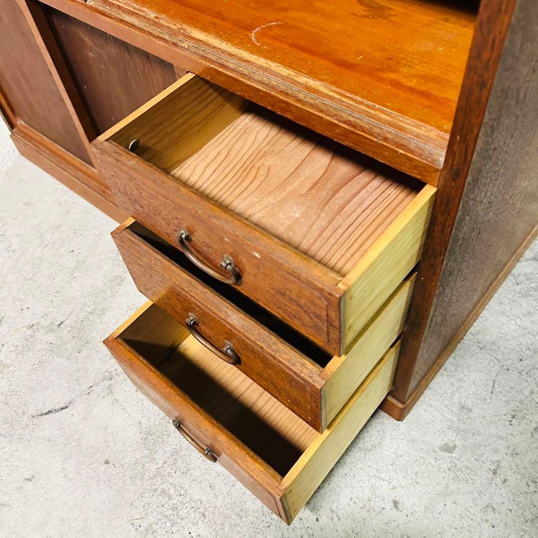 アンテーク、木製ガラス扉付き箪笥 引き出し3つ