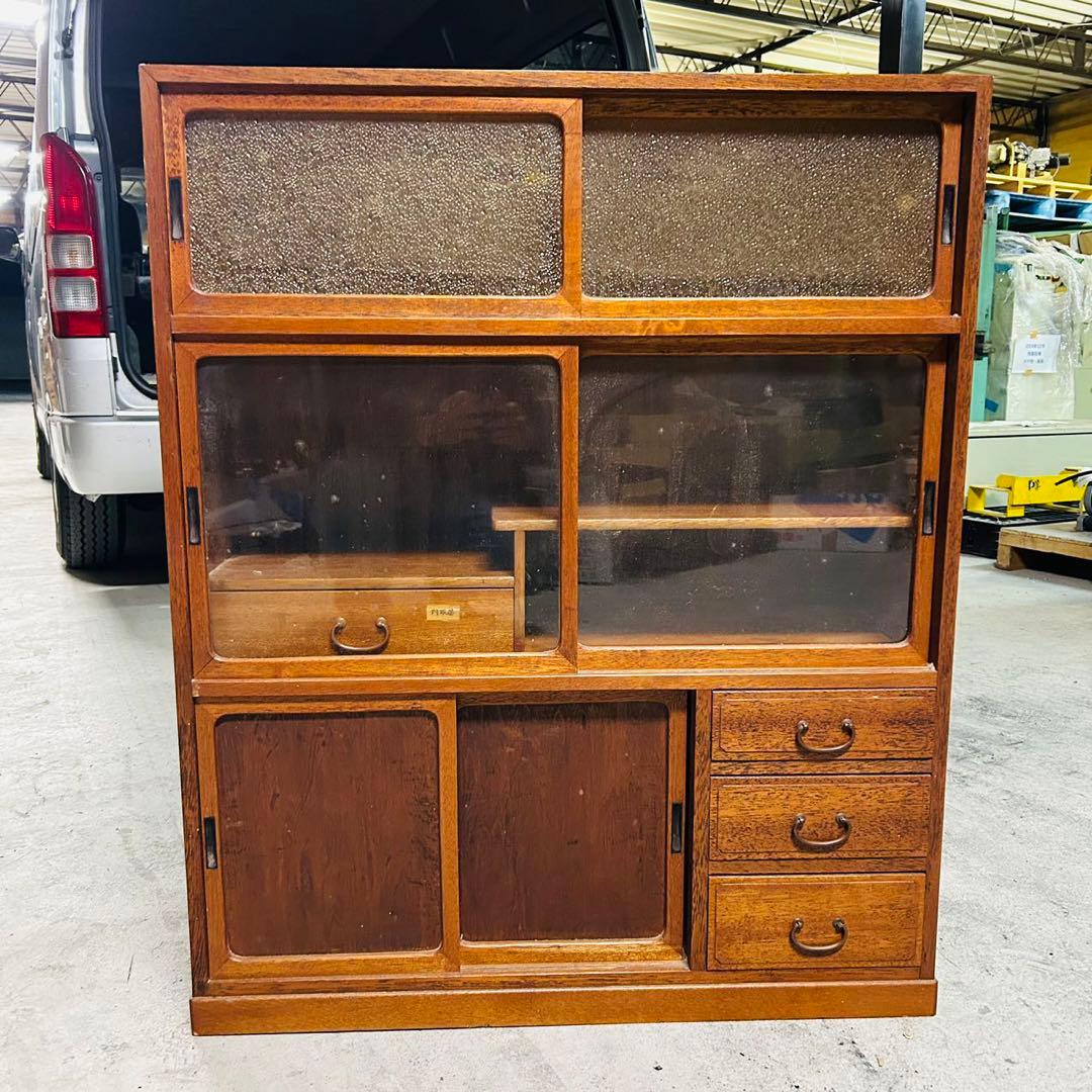 アンテーク、木製ガラス扉付き箪笥 引き出し3つ