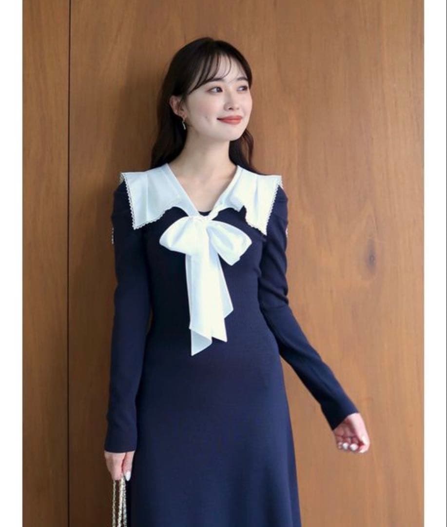 【タグ付き】スナイデル　セーラーカラーニットワンピース　ネイビー