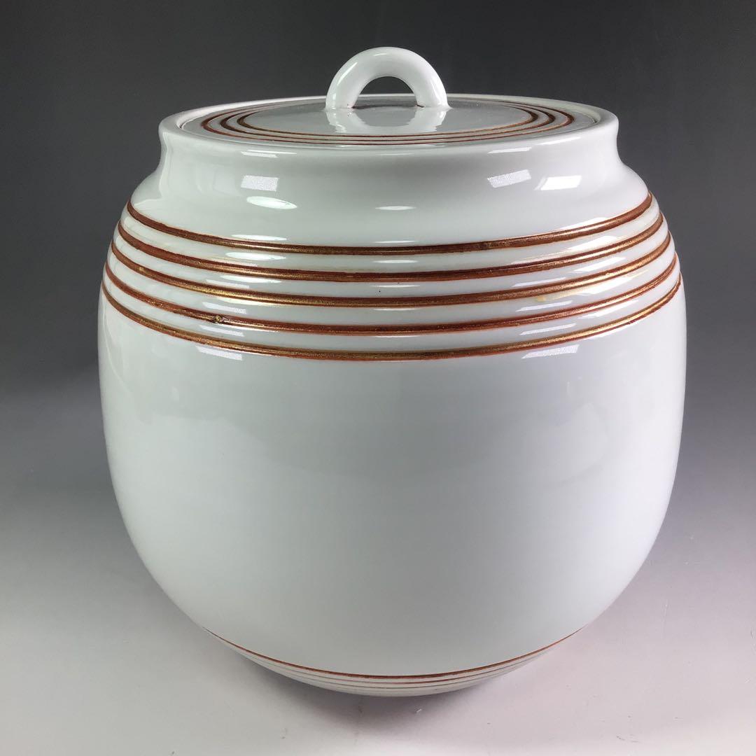 Ｒ７１４　水指　『石崎光四郎造』『而妙斎　書付』『色絵金彩線文』　共箱　茶道具