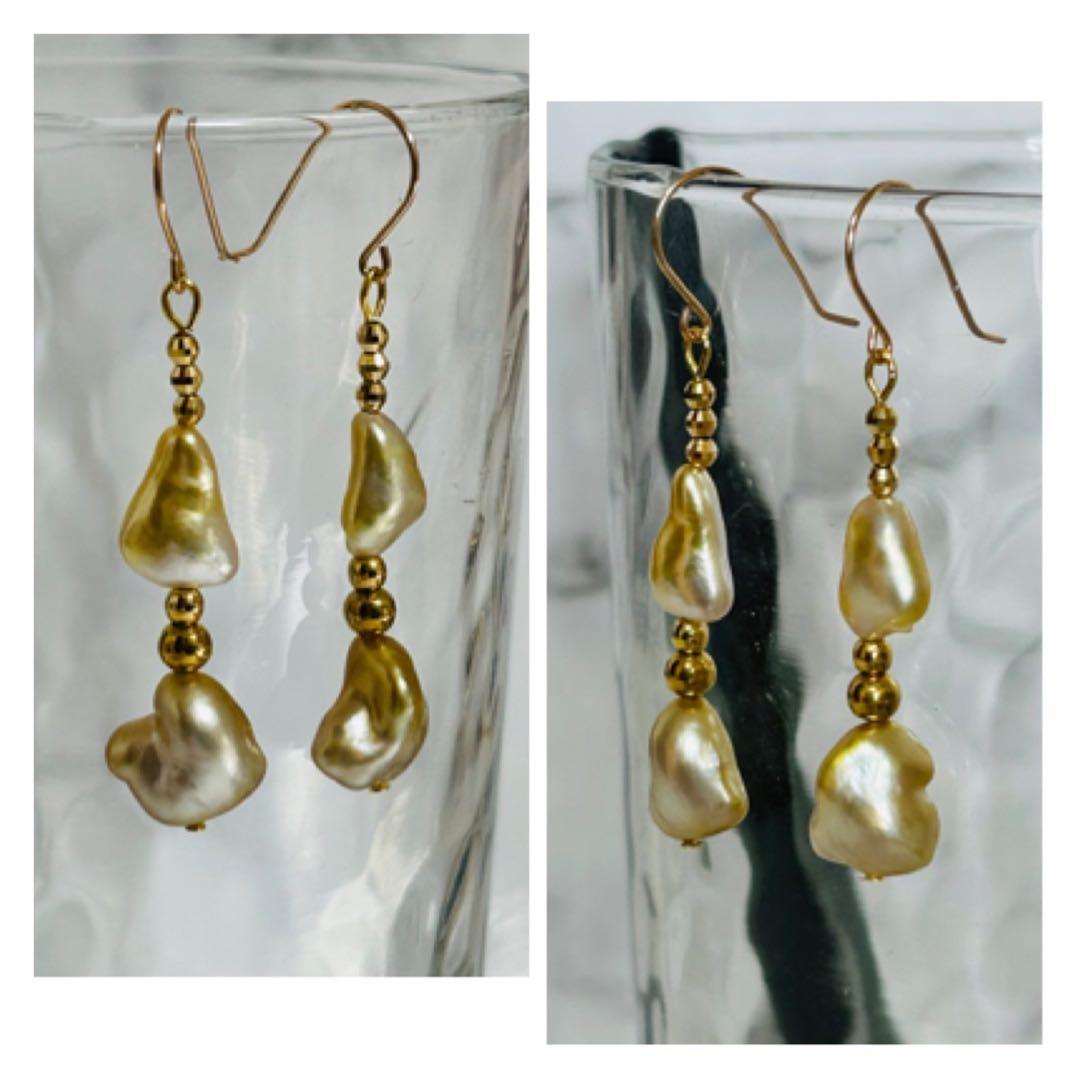 (M0202-3)K18YG南洋ゴールデンケシパールアメリカンピアス