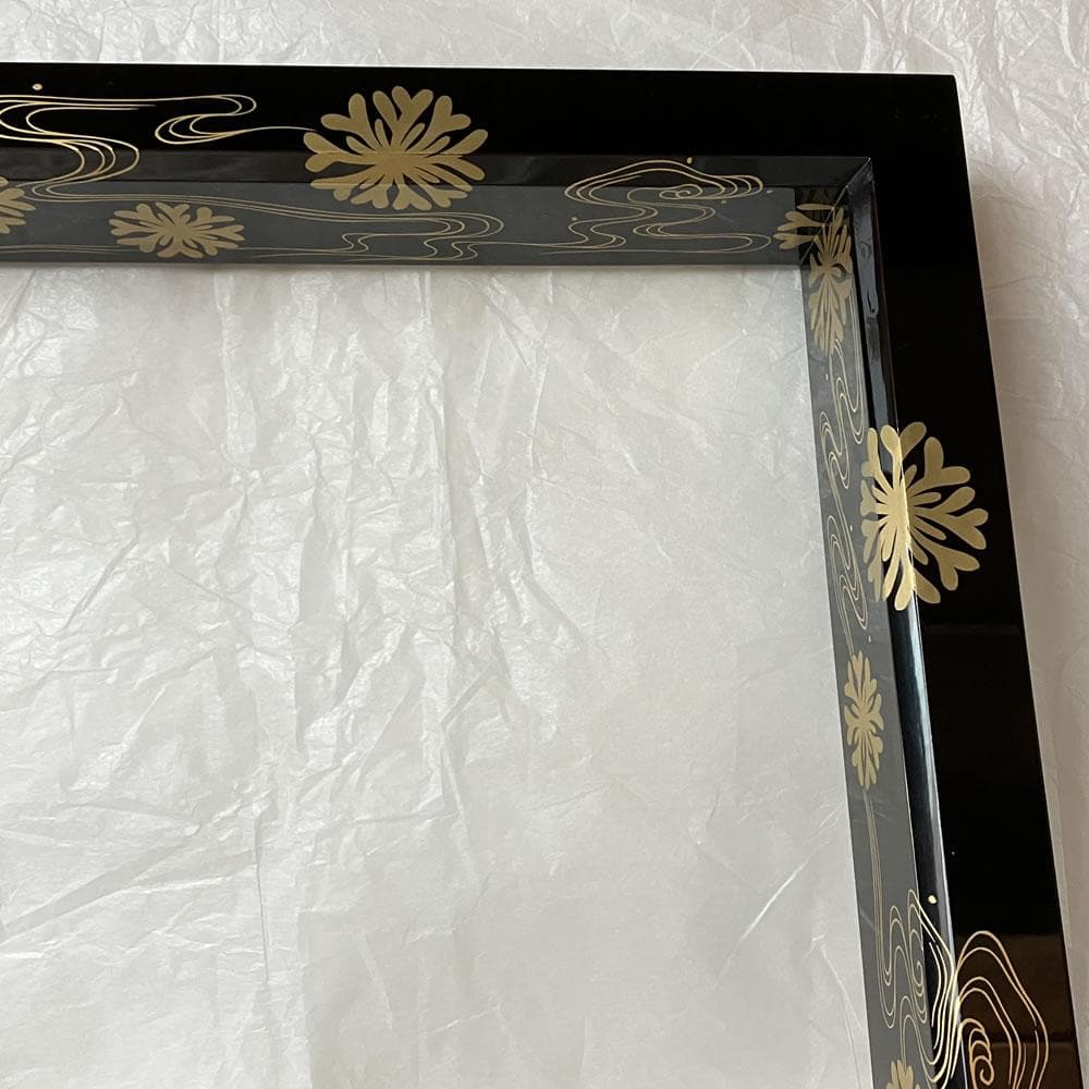 F1260 岡本陽斎 海松波蒔絵 黒塗 炉縁 共箱 茶道具