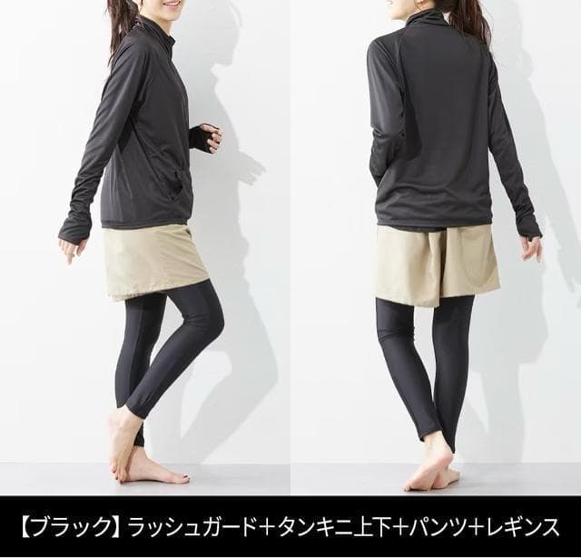 新品☆4L♪黒ラッシュガード・レギンス付♪水着5点セット♪UVカット☆☆D974