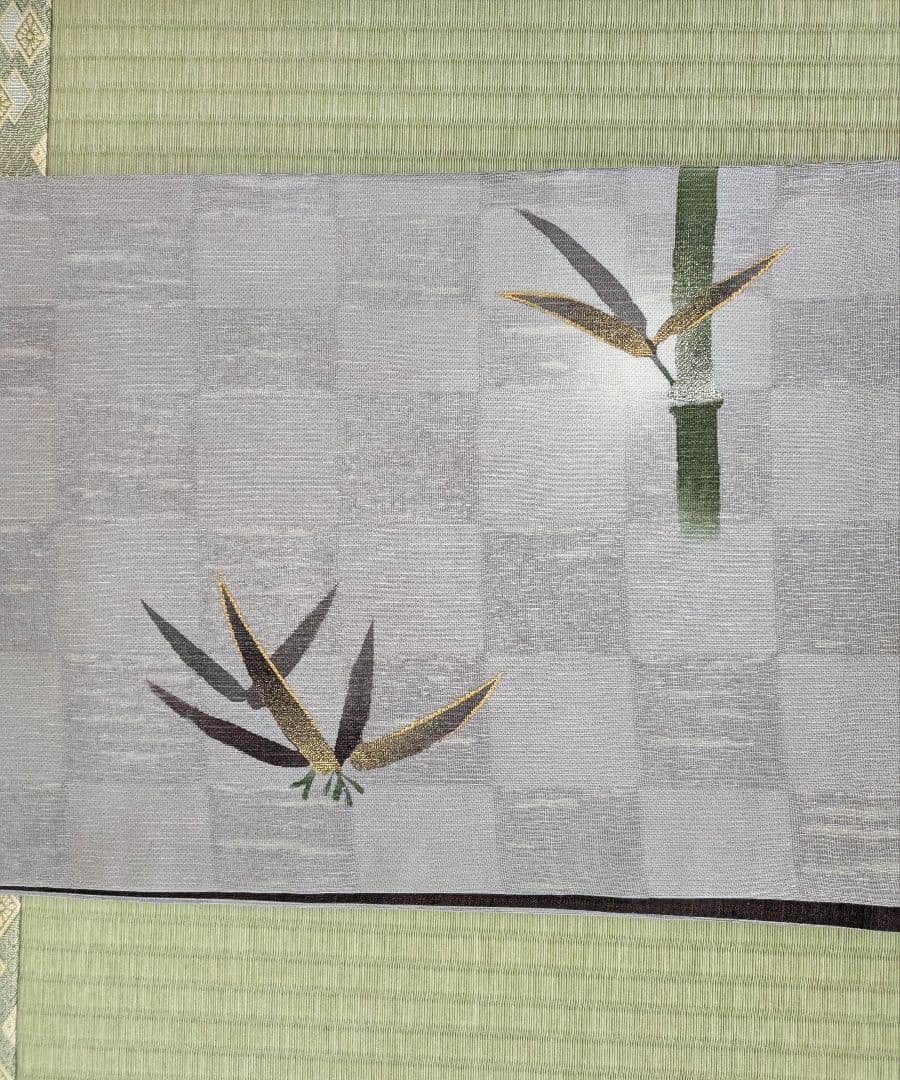 【喜寿祝い】夏物 竹の葉模様 袋帯 グレー系