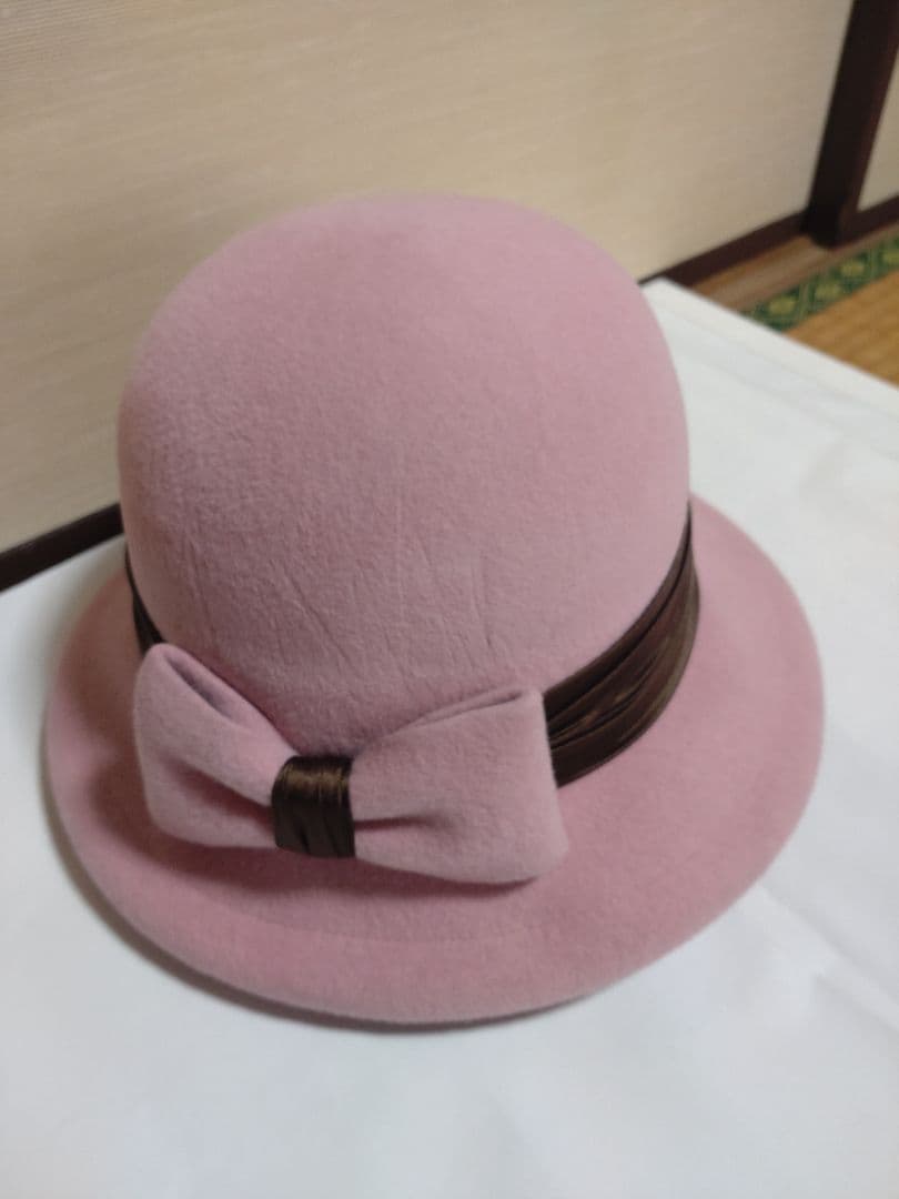 【新品】Emelald Blue　ピンク　兎毛帽子 リボン付