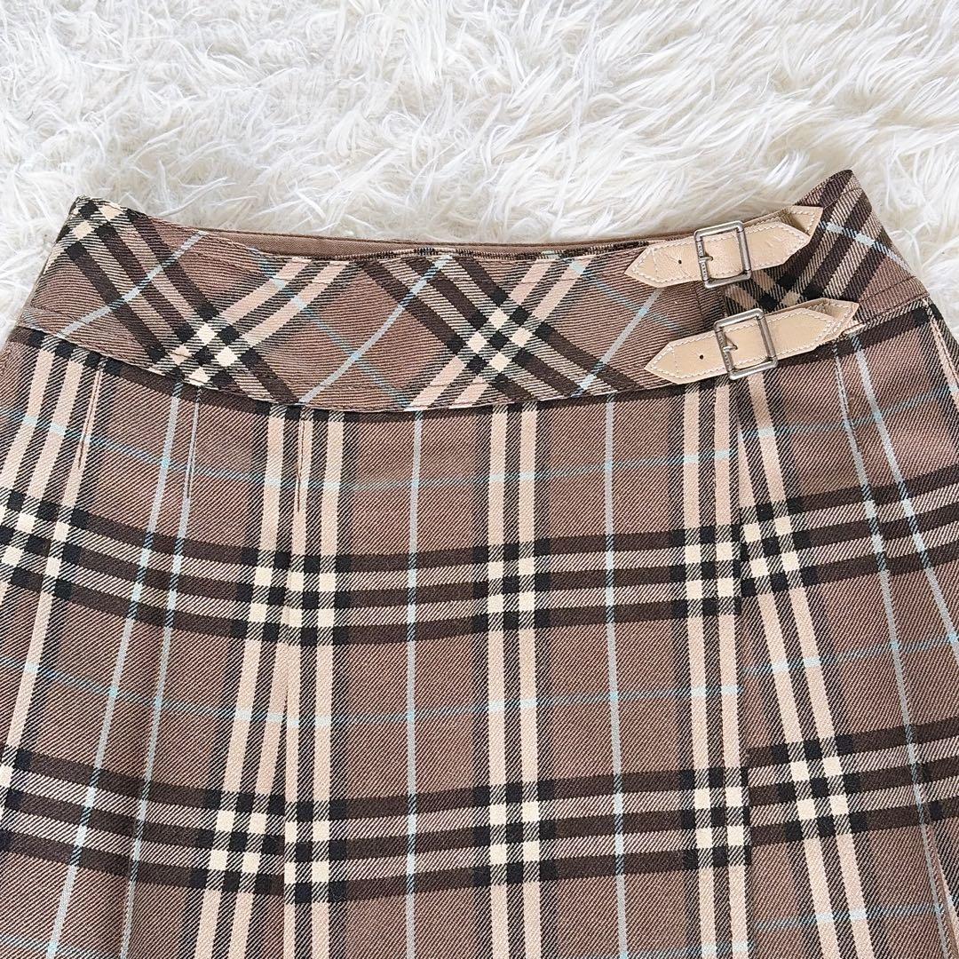 【バーバリーブルーレーベル】ベルト付きラッププリーツスカート ノバチェック 36