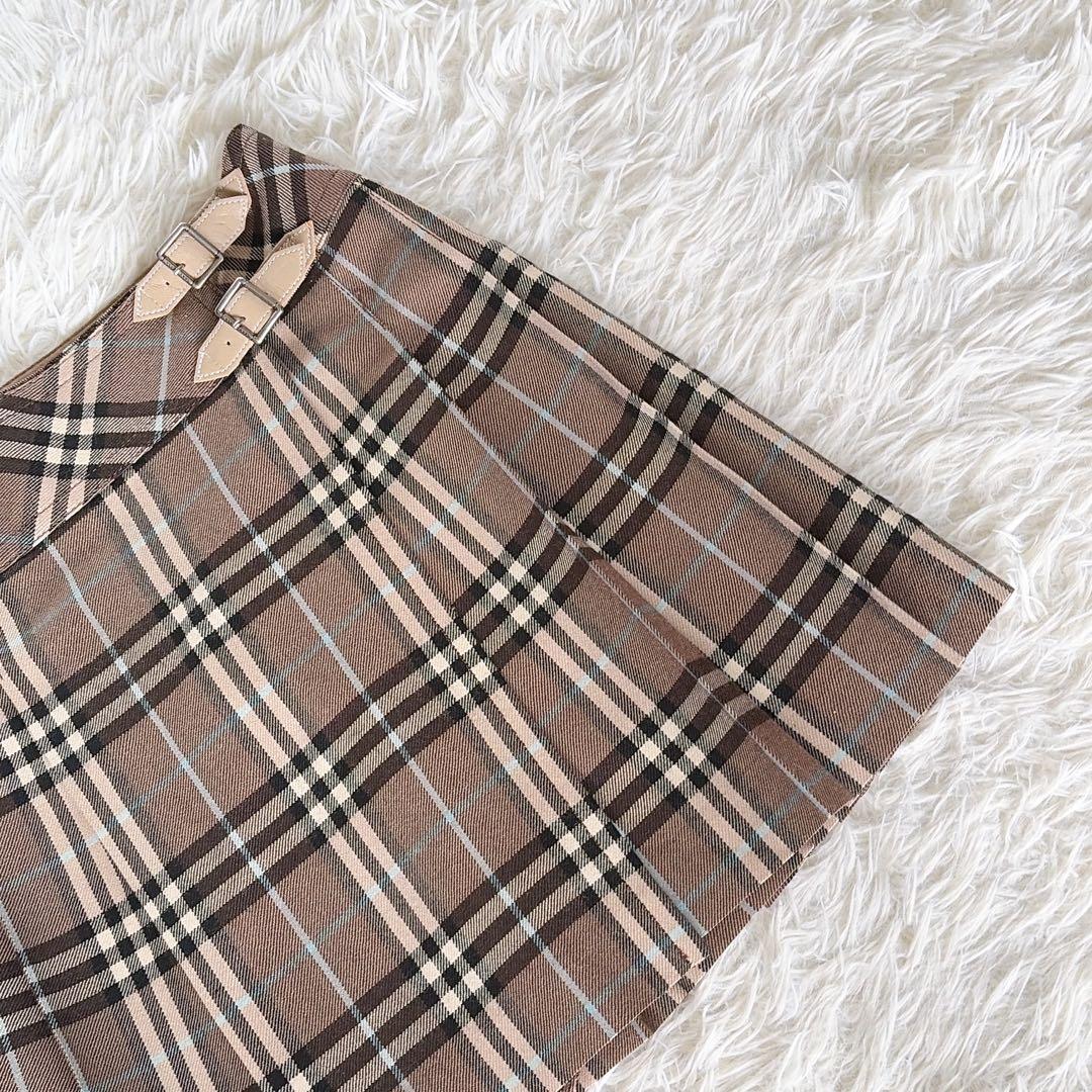 【バーバリーブルーレーベル】ベルト付きラッププリーツスカート ノバチェック 36