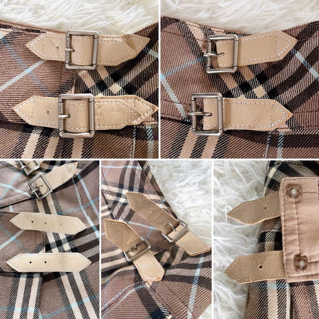 【バーバリーブルーレーベル】ベルト付きラッププリーツスカート ノバチェック 36