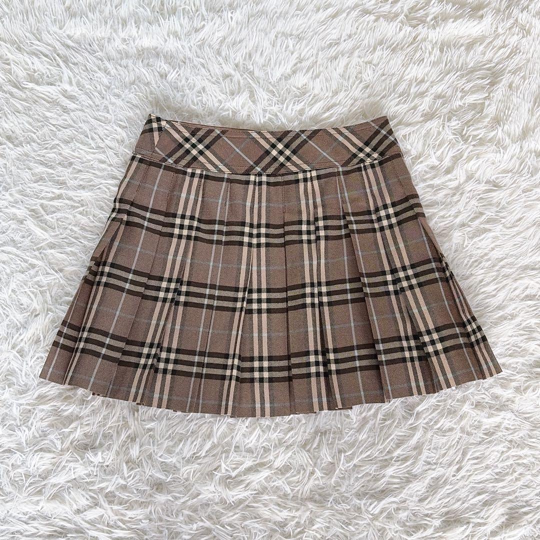【バーバリーブルーレーベル】ベルト付きラッププリーツスカート ノバチェック 36