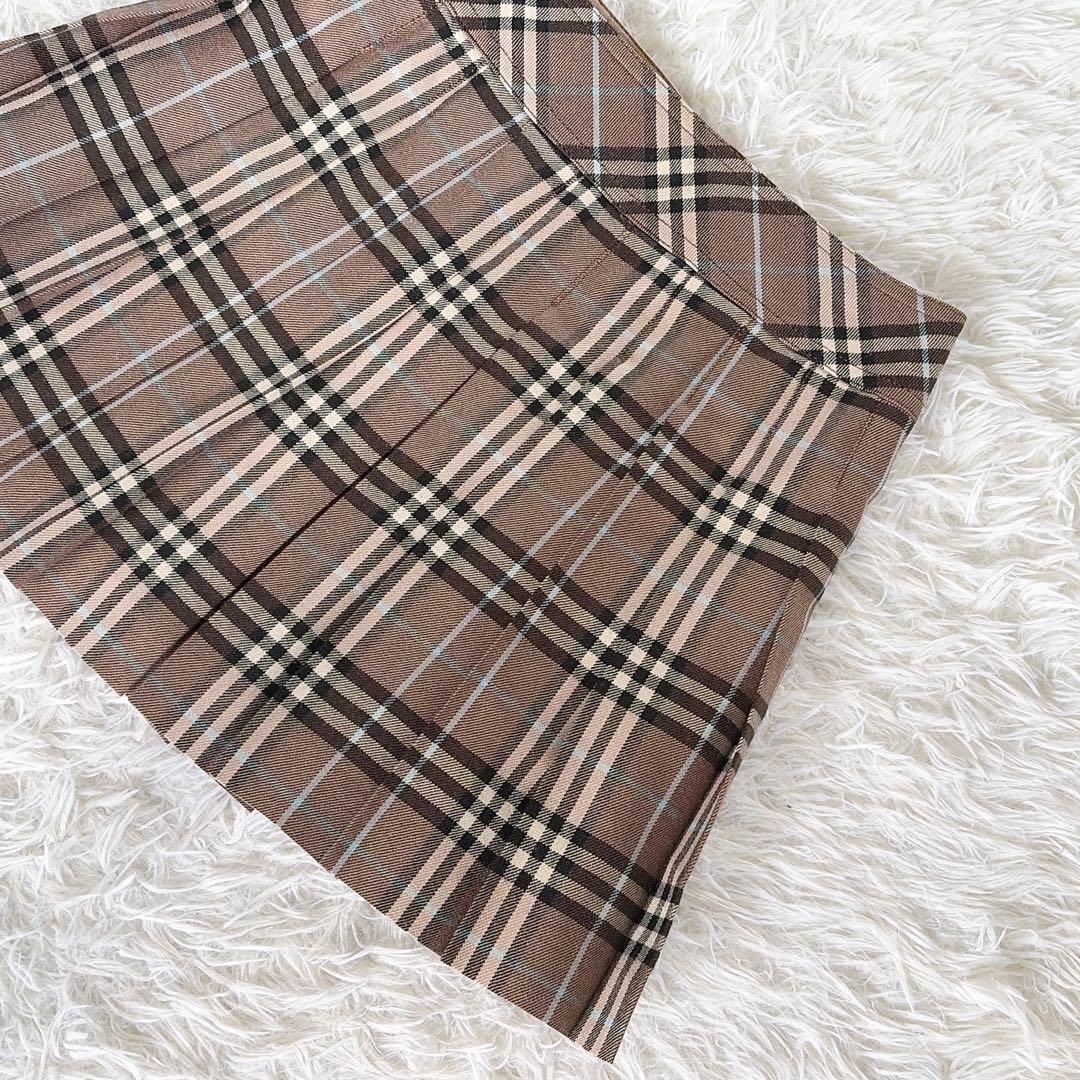 【バーバリーブルーレーベル】ベルト付きラッププリーツスカート ノバチェック 36