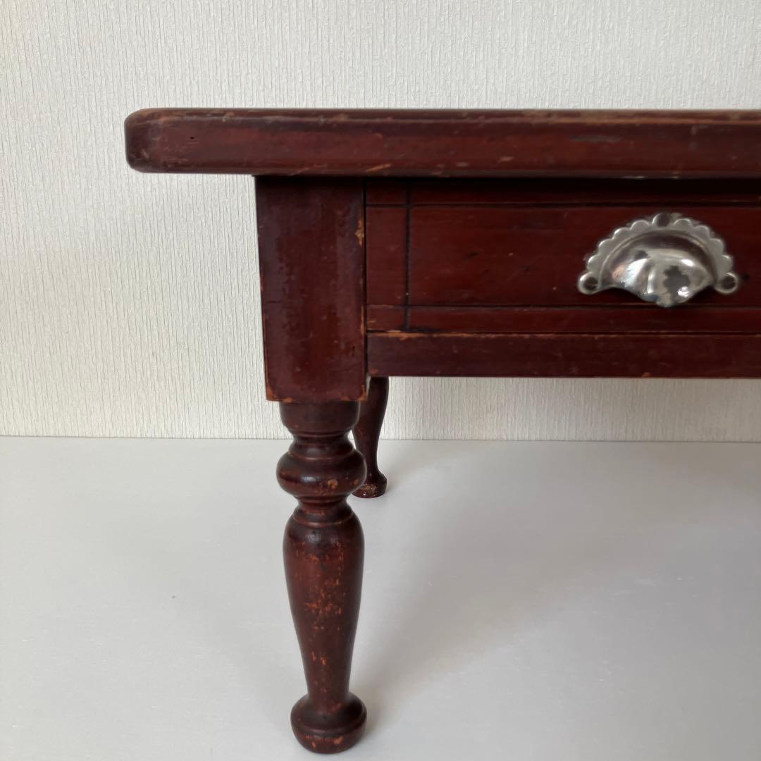 古い文机　ろくろ脚　木製ダークブラウンテーブル 引き出し付き