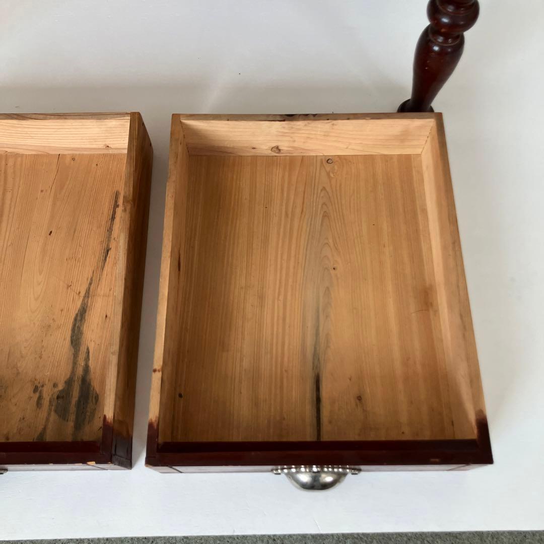 古い文机　ろくろ脚　木製ダークブラウンテーブル 引き出し付き