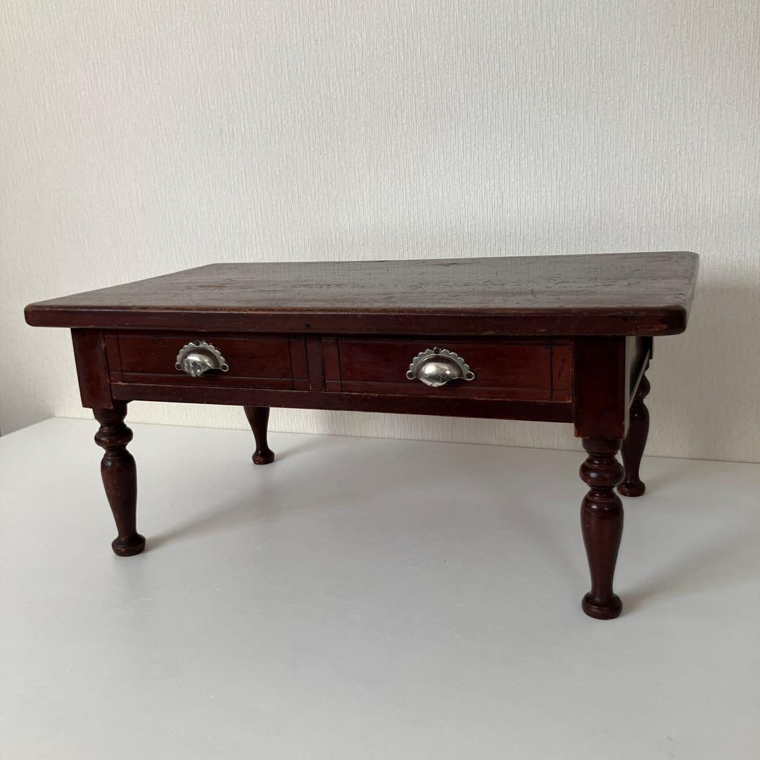 古い文机　ろくろ脚　木製ダークブラウンテーブル 引き出し付き