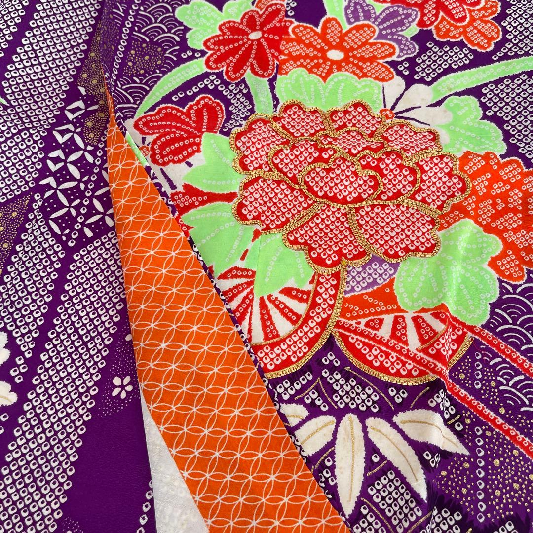 七五三着物七歳用5点セット 紫色花柄　グリーンの帯付き