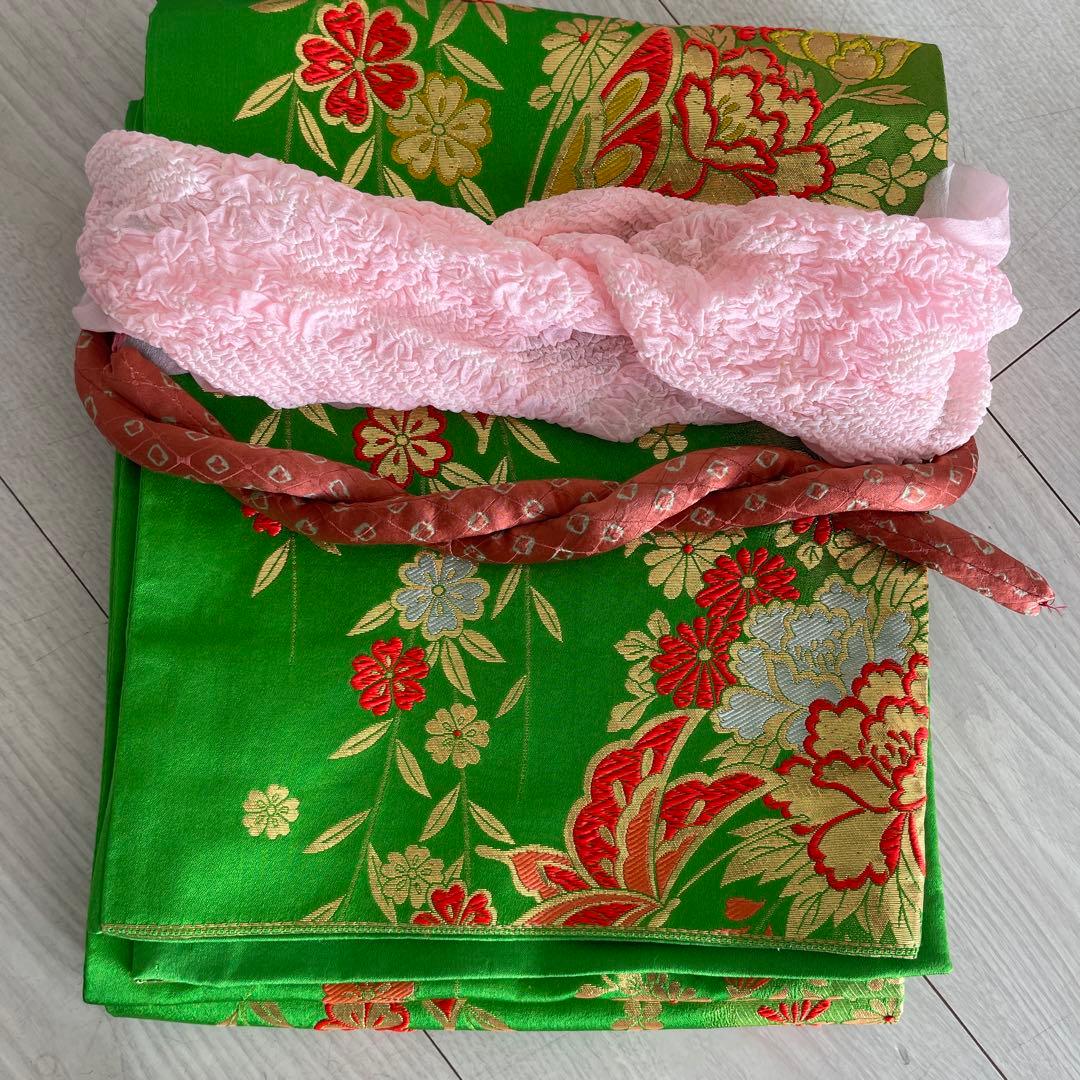 七五三着物七歳用5点セット 紫色花柄　グリーンの帯付き