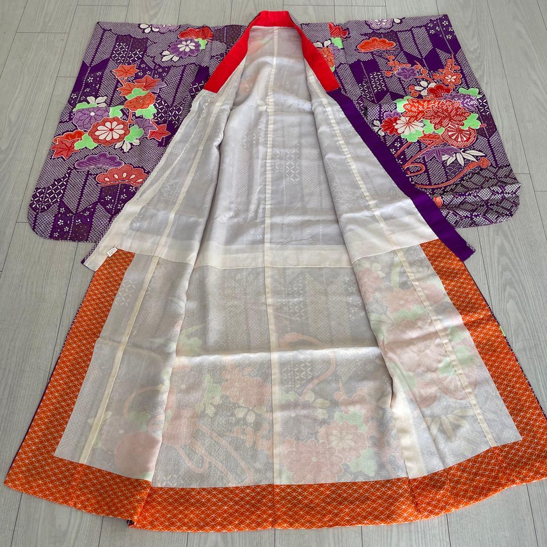 七五三着物七歳用5点セット 紫色花柄　グリーンの帯付き