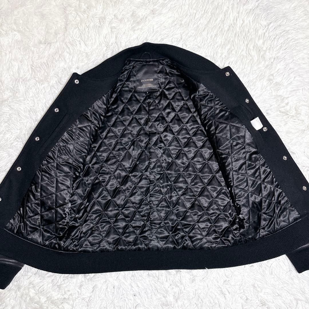 美品 ジャックローズ スタジャン 本革袖 ウール L ブラック 刺繍 ジャケット