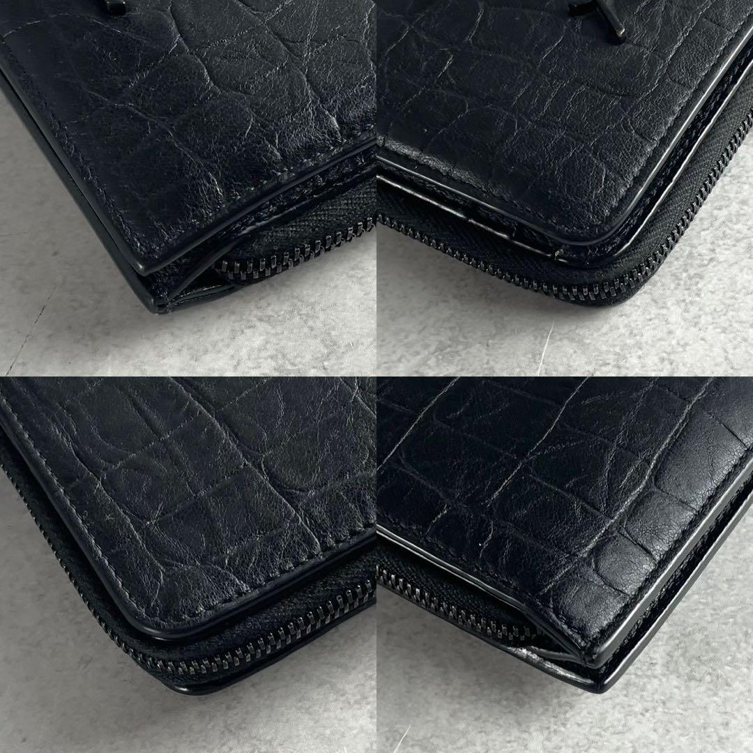 【美品 付属品完備】サンローラン 折り財布 YSL 金具 クロコ 型押し 黒色