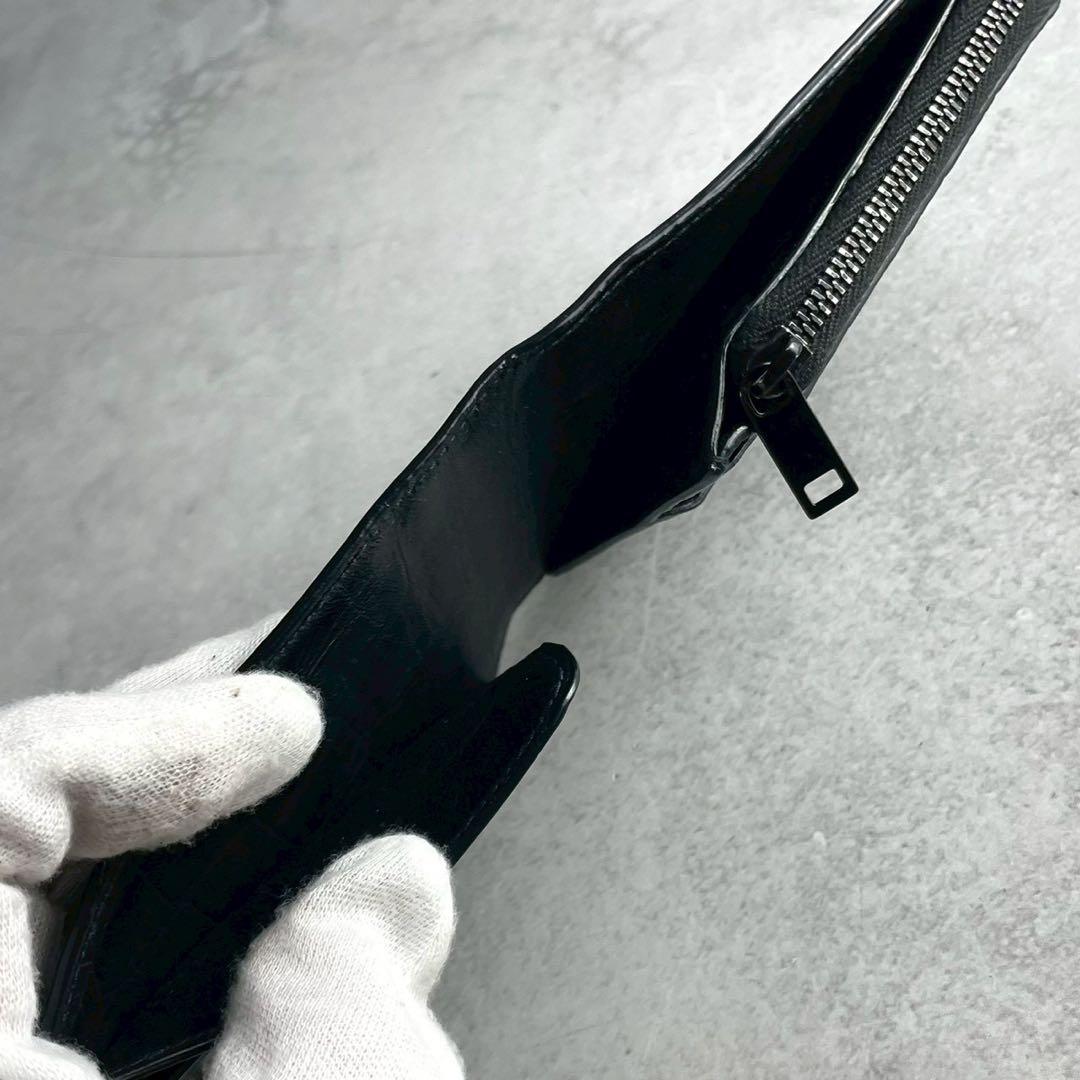 【美品 付属品完備】サンローラン 折り財布 YSL 金具 クロコ 型押し 黒色