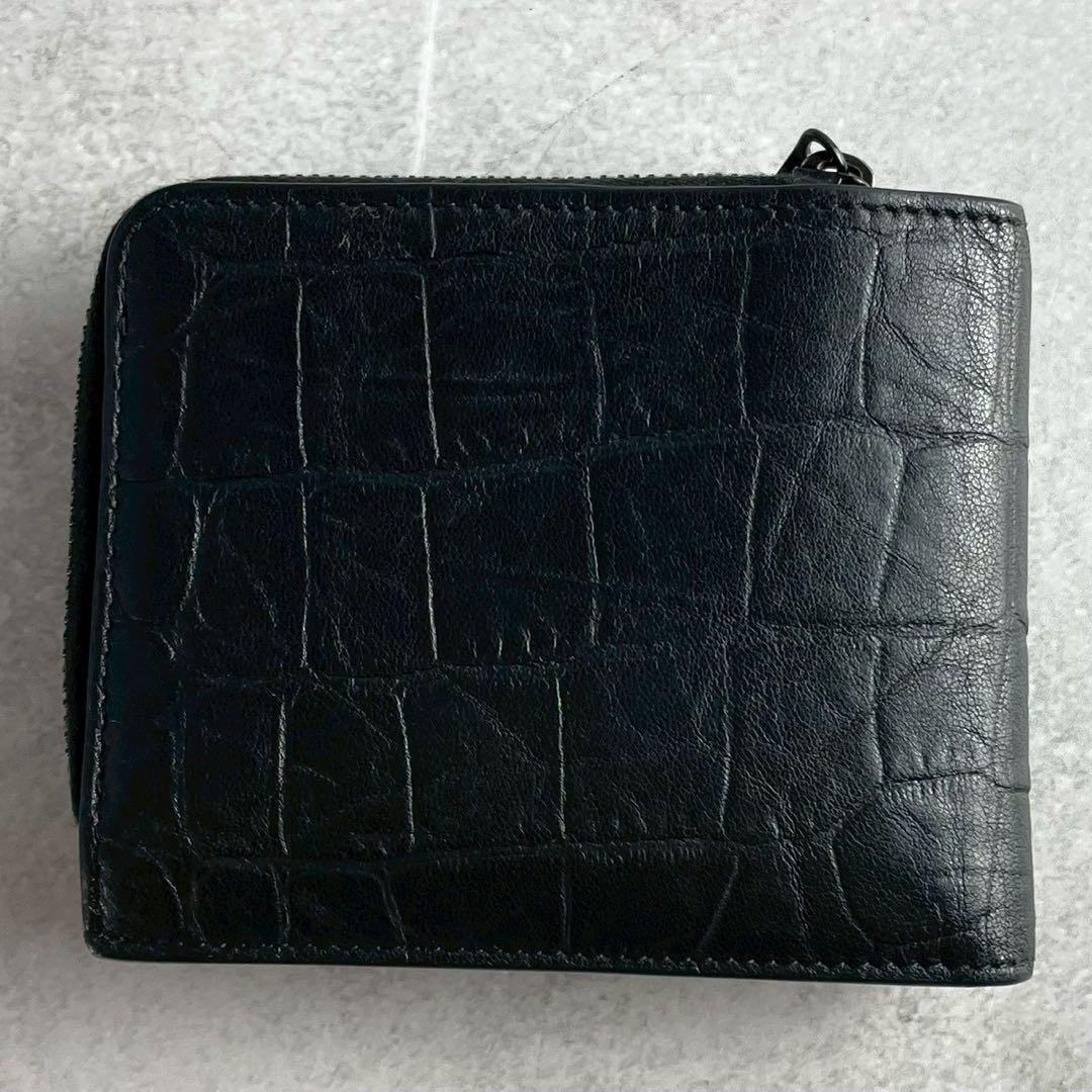 【美品 付属品完備】サンローラン 折り財布 YSL 金具 クロコ 型押し 黒色