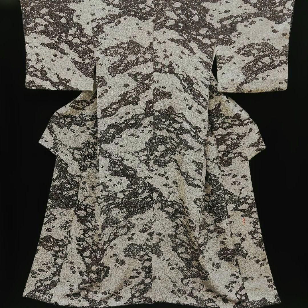 小紋(袷)　(たたき染め　流氷紋様　個性的　モノトーン　作家　上質ちりめん)