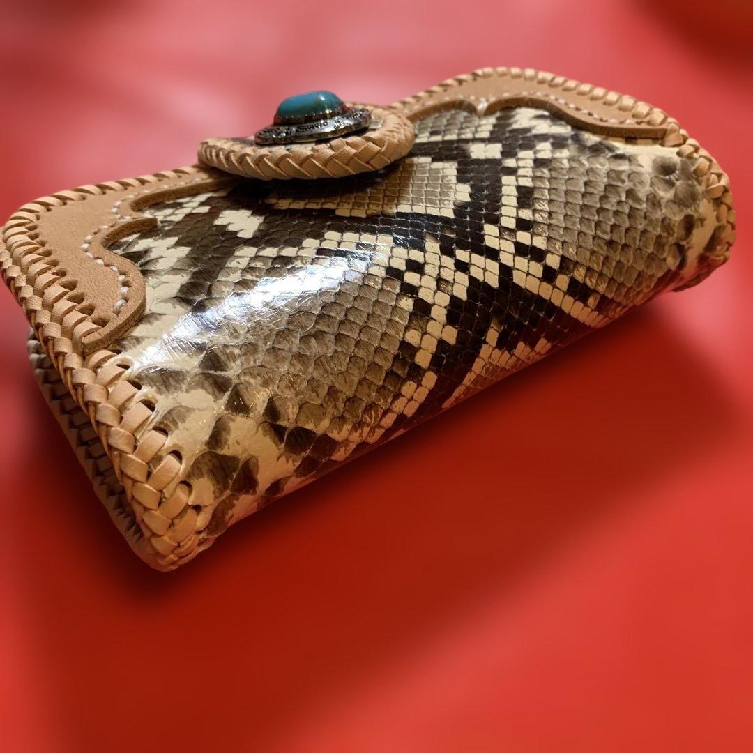 ハンドメイドレザークラフトダイヤモンドパイソンミドルウォレットヌメ革牛レース編み
