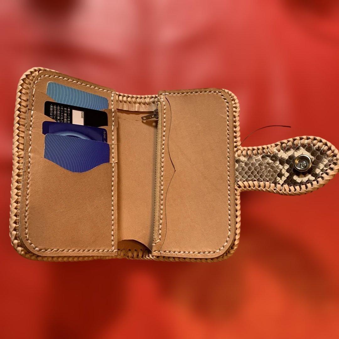 ハンドメイドレザークラフトダイヤモンドパイソンミドルウォレットヌメ革牛レース編み