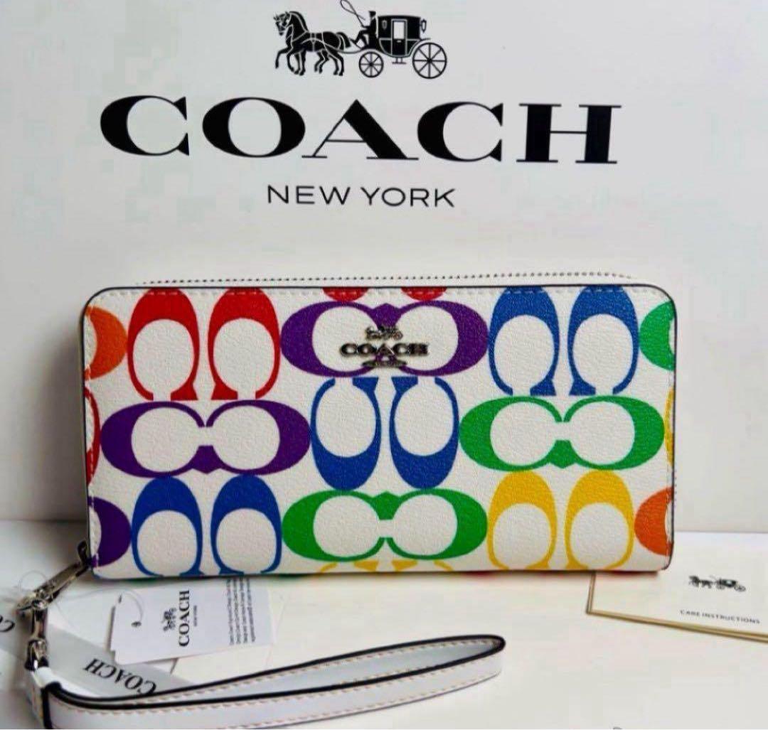 COACH長財布レインボーマルチカラーシグネチャーホワイト白ストラップ付.新品