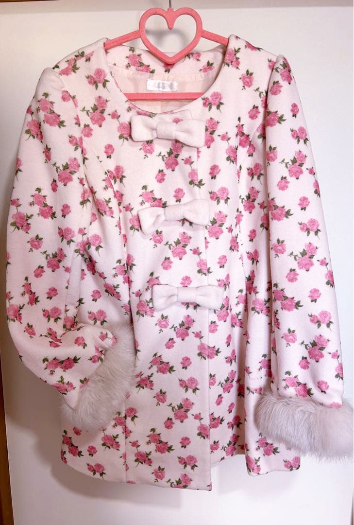 夢展望 ティペット付き 総ローズ柄 おリボン お姫様 ファー コート